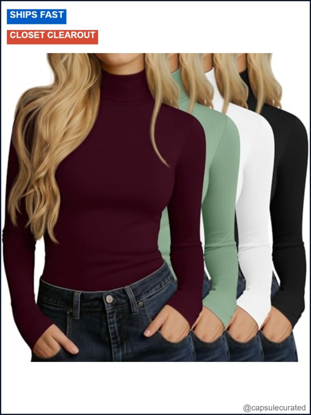 4 Pack Women's Long Sleeve Mock Turtleneck Tops Slim Fit Cotton Stretch